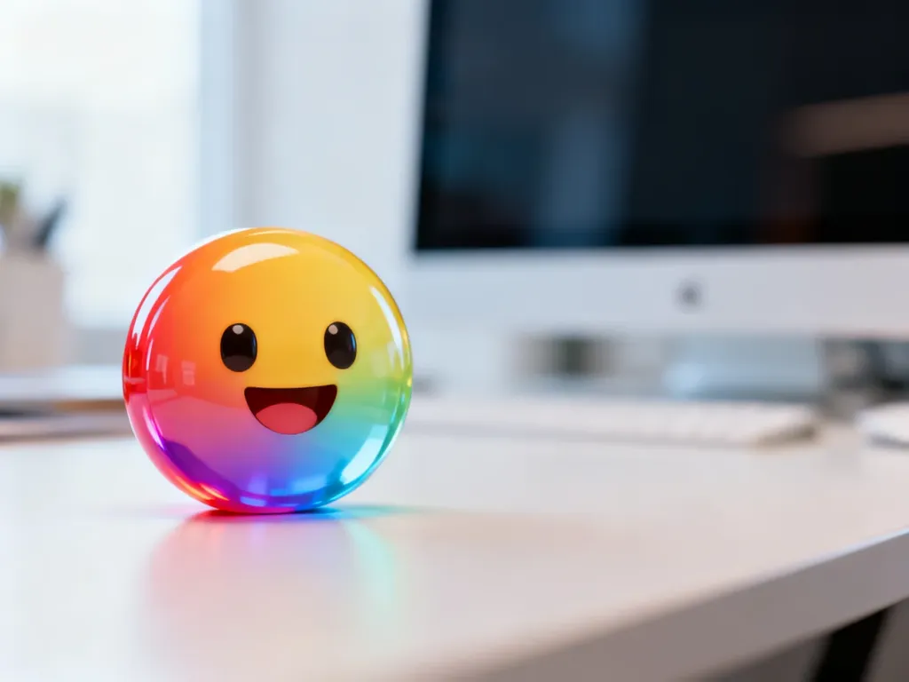 Kolorowe, trójwymiarowe emoji na biurku w nowoczesnym miejscu pracy, ilustrujące proces tworzenia własnych emotikonów.