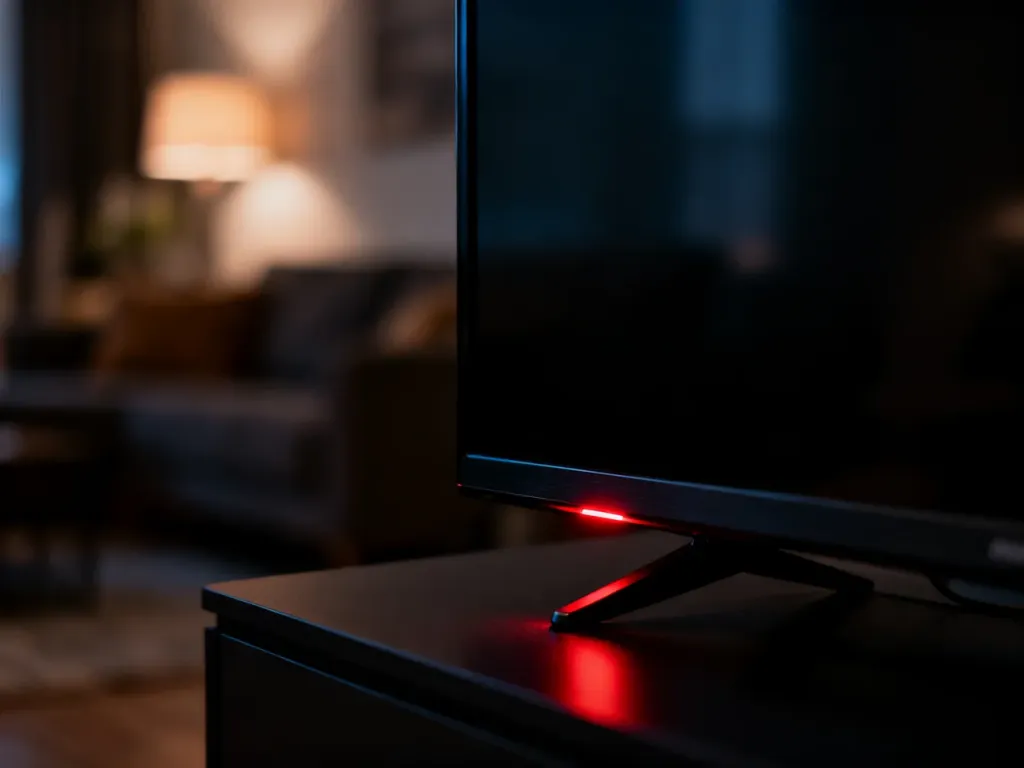 Ciemny ekran telewizora z widoczną czerwoną diodą trybu czuwania w przytulnym salonie.