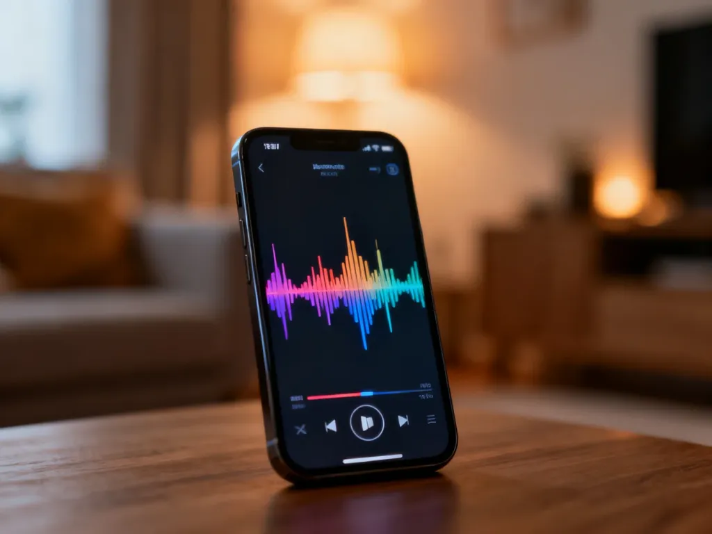 Smartfon z interfejsem odtwarzacza muzyki i kolorowymi falami dźwiękowymi na ekranie w przytulnym wnętrzu.
