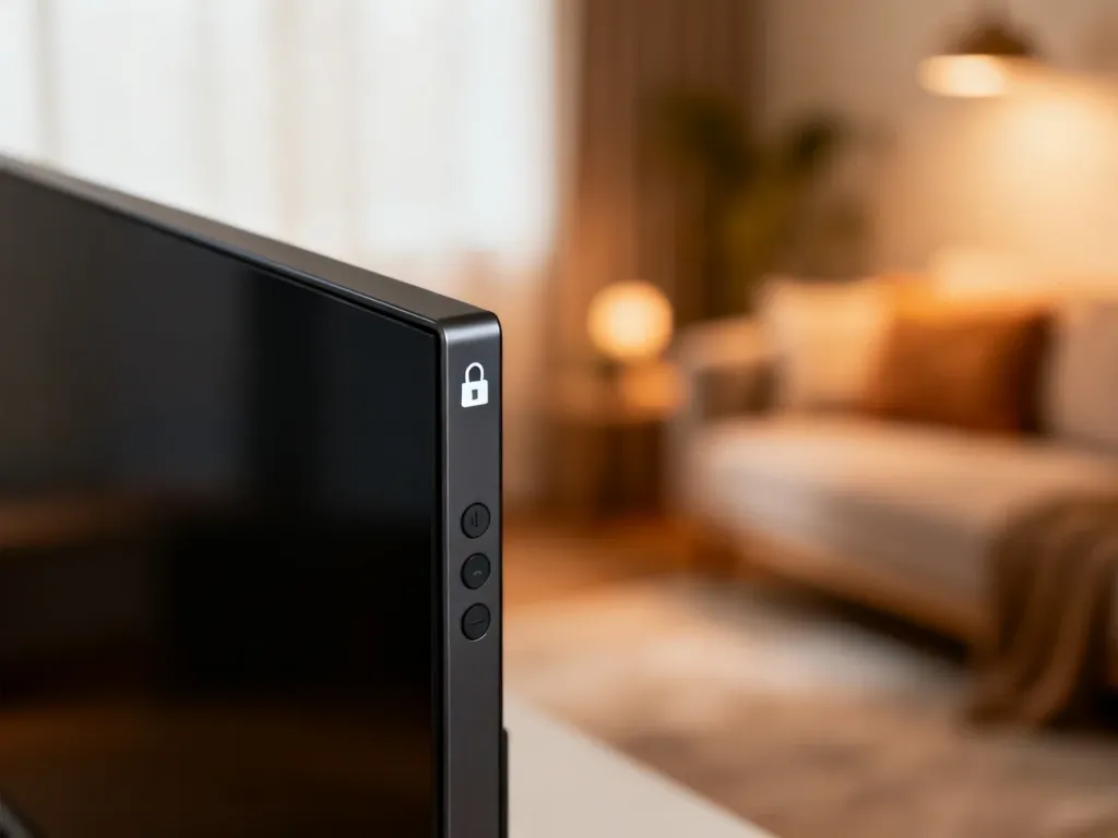 Ikona kłódki na ekranie telewizora Manta, wskazująca na włączoną blokadę rodzicielską lub przycisków.