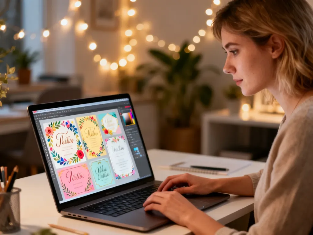 Kobieta projektująca eleganckie zaproszenia cyfrowe na laptopie w przytulnym domowym biurze.