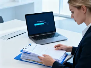 Nowoczesne stanowisko pracy z laptopem, na którego ekranie widać proces konwersji dokumentu do formatu PDF.