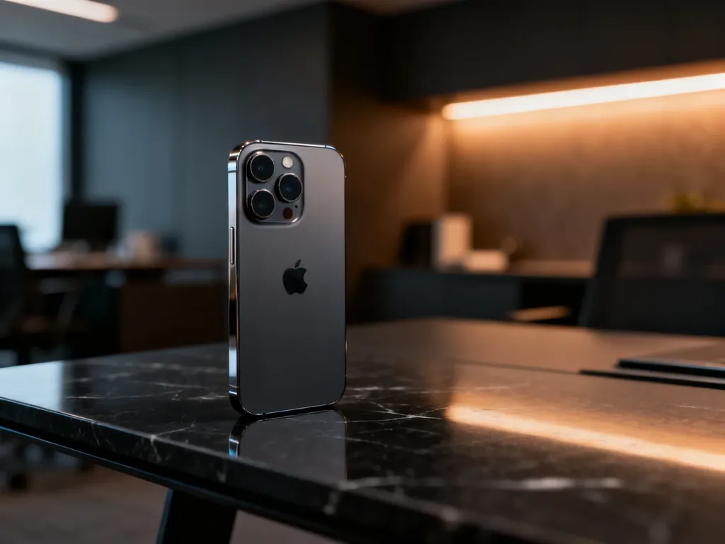 iPhone 16 Pro Max leżący na eleganckim, marmurowym biurku w nowoczesnym biurowym wnętrzu.