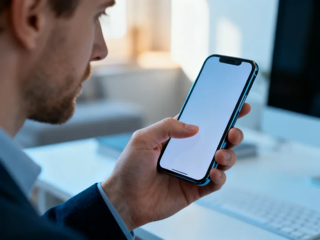 Dłoń trzymająca nowoczesny smartfon w minimalistycznym biurze, gotowa do zmiany ustawień urządzenia.