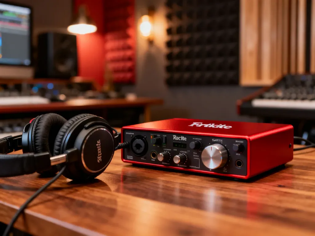 Interfejs audio Focusrite Scarlett Solo na drewnianym biurku obok profesjonalnych słuchawek w domowym studiu nagraniowym.