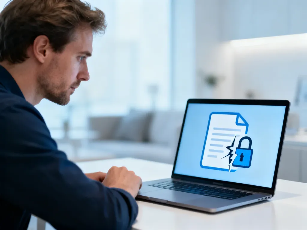 Mężczyzna przy laptopie z ikoną otwartej kłódki na ekranie, symbolizującą usunięcie zabezpieczeń z pliku PDF.