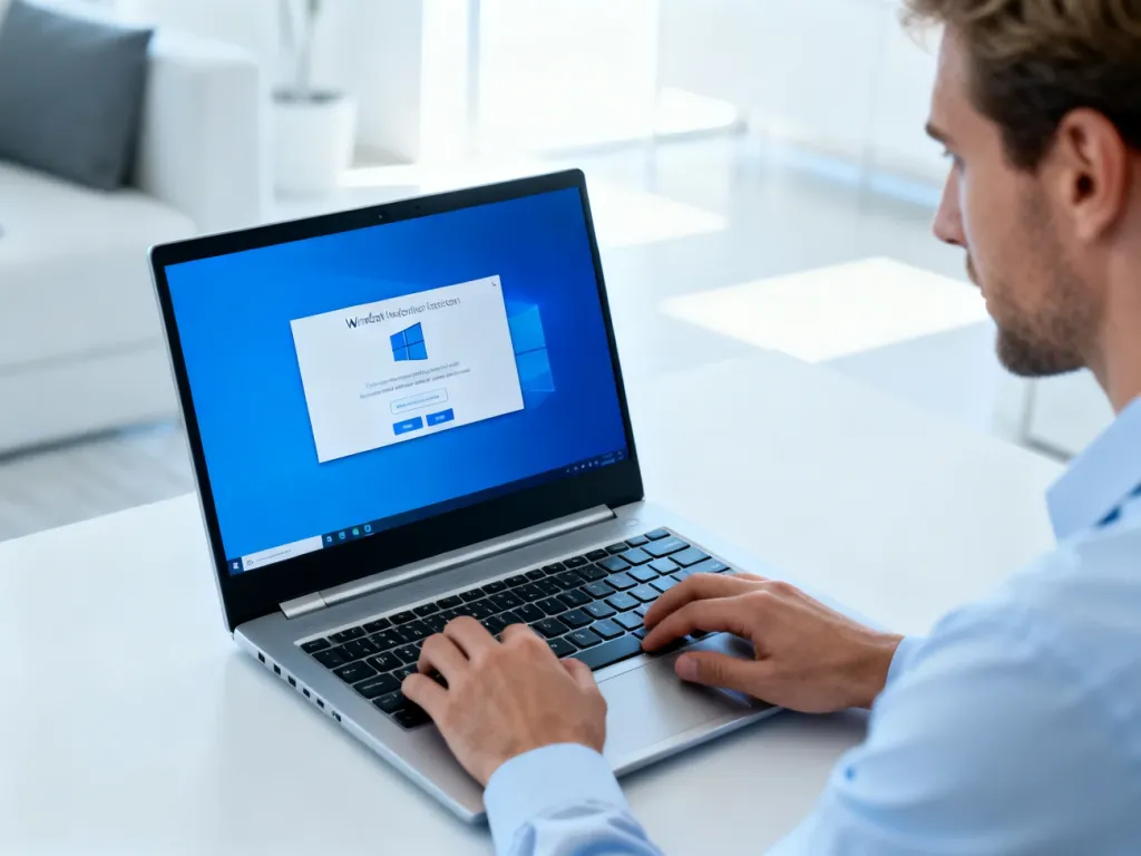 Mężczyzna przy laptopie konfiguruje system Windows w jasnym, minimalistycznym biurze.
