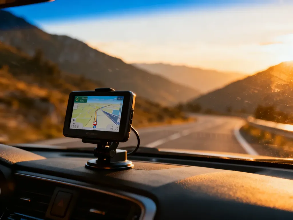 Nowoczesna nawigacja GPS zamontowana na przedniej szybie samochodu z widokiem na malowniczą górską drogę o zachodzie słońca.