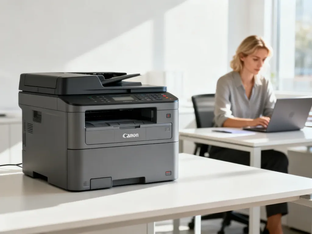 Nowoczesna drukarka laserowa Canon na biurku w jasnym, profesjonalnym biurze, w którym pracuje kobieta przy laptopie.