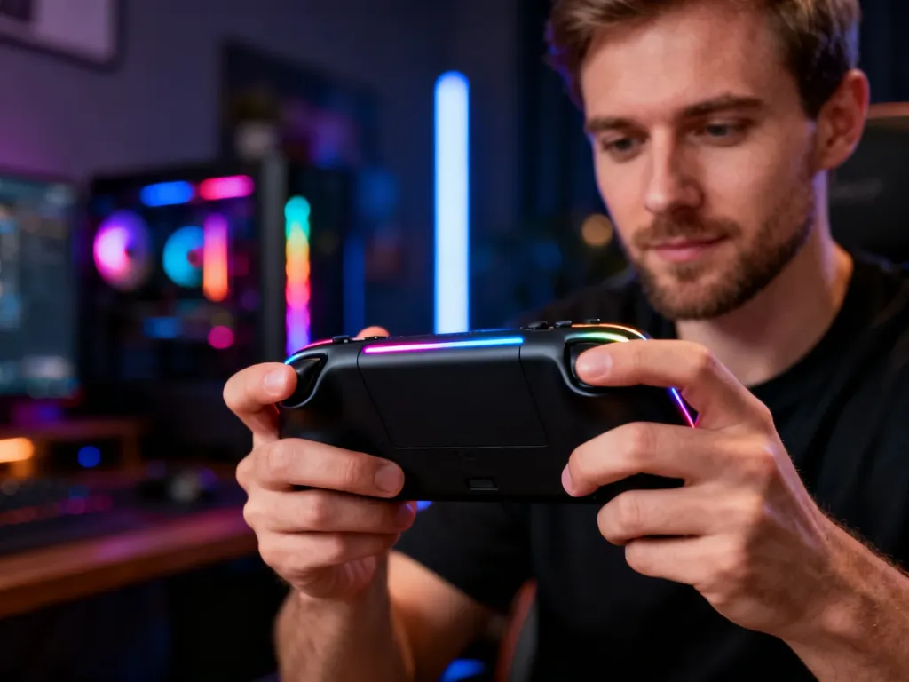 Mężczyzna trzymający czarną konsolę przenośną Asus ROG Ally X z podświetleniem RGB w nowoczesnym pokoju gracza.
