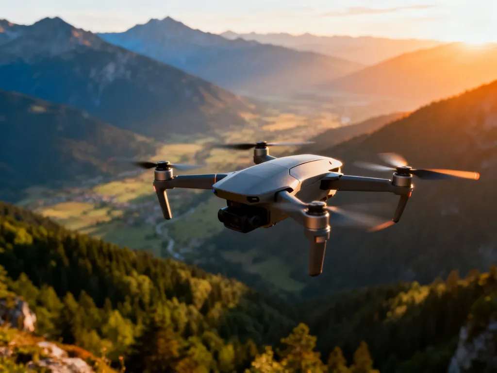 Nowoczesny dron FPV DJI Avata 2 lecący nad malowniczą, górską doliną w świetle zachodzącego słońca.