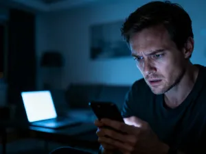 Mężczyzna z frustracją patrzący na ekran laptopa przy biurku, ilustrujący problemy z edycją dokumentów w programie Word.