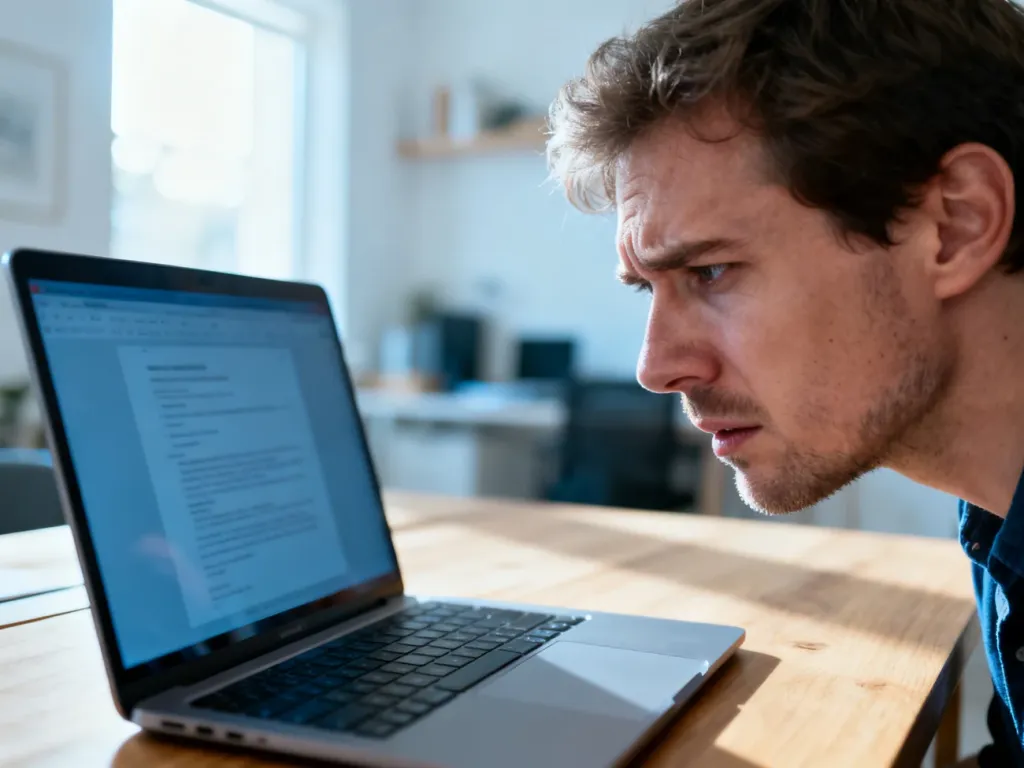 Mężczyzna z frustracją patrzący na ekran laptopa przy biurku, ilustrujący problemy z edycją dokumentów w programie Word.