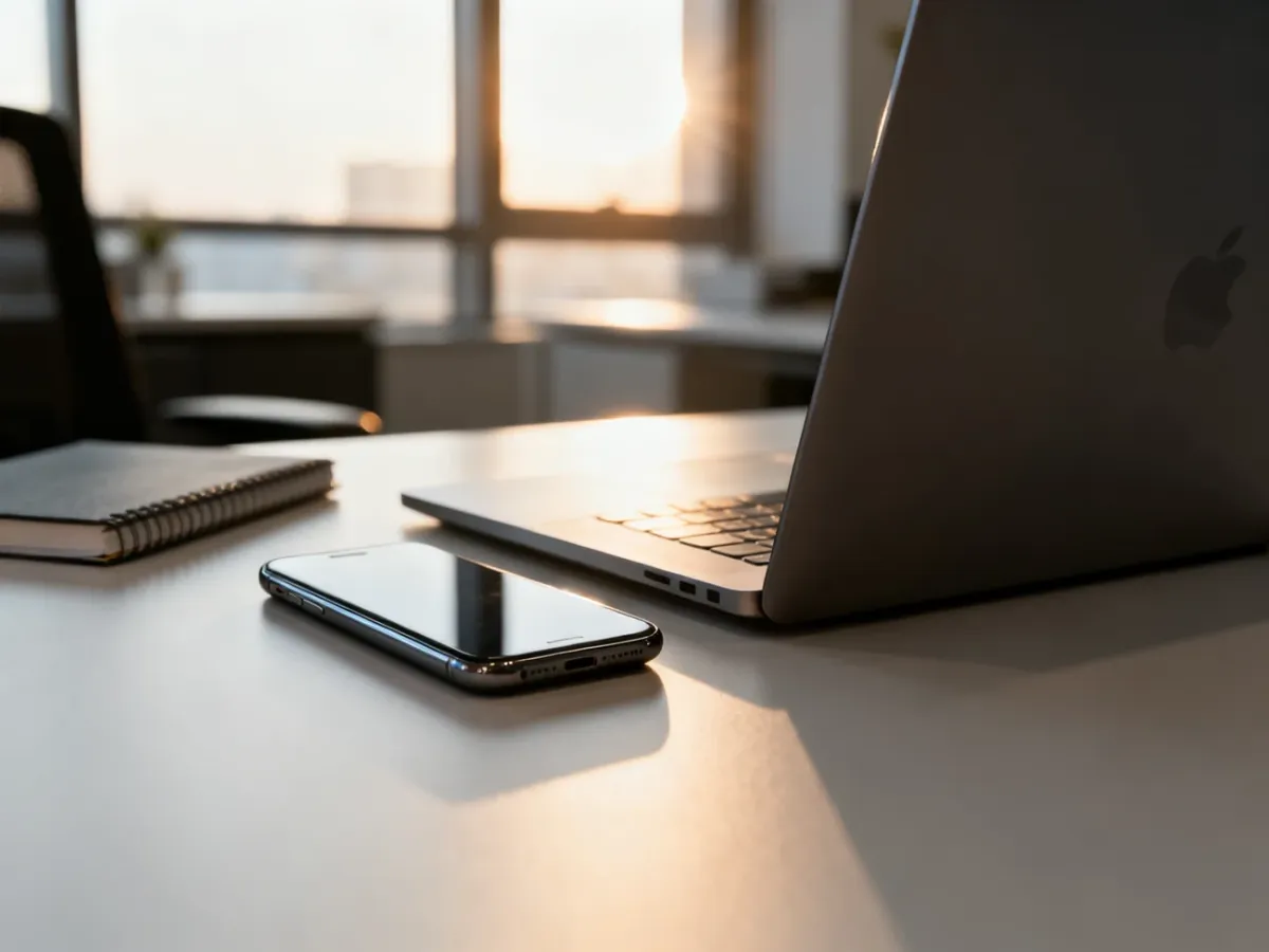 Nowoczesne biurko ze smartfonem i laptopem w słonecznym, uporządkowanym biurze, symbolizujące profesjonalne miejsce pracy.