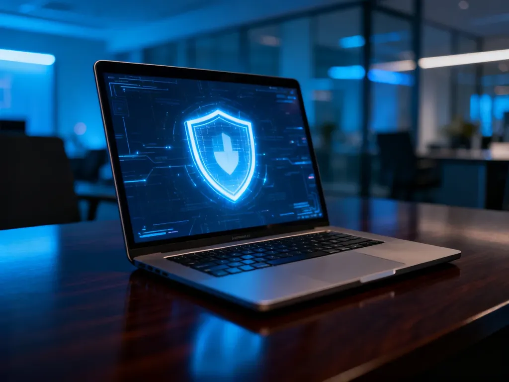 Nowoczesny laptop z ikoną cyfrowej tarczy na ekranie, symbolizujący ochronę danych firmowych w środowisku biurowym.