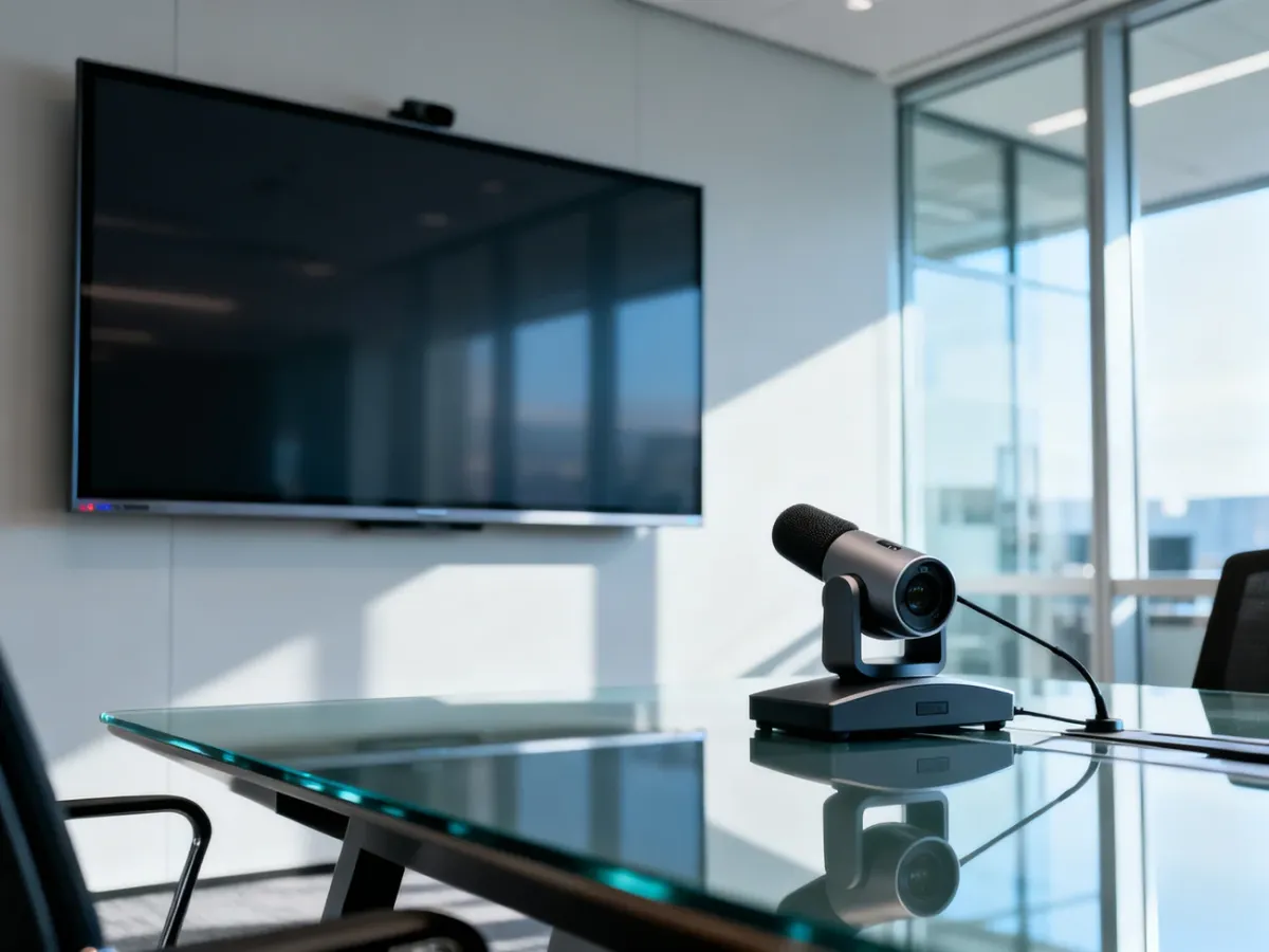 Nowoczesna sala konferencyjna z dużym ekranem 4K, profesjonalną kamerą i mikrofonem przygotowanymi do wideokonferencji.