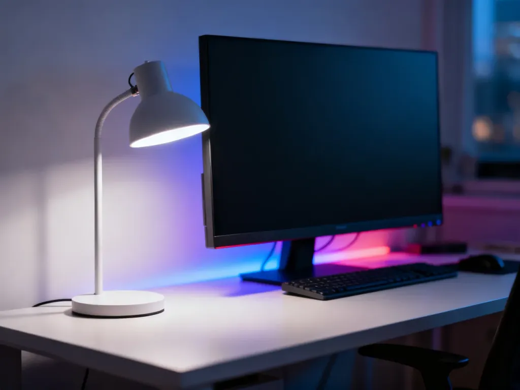 Nowoczesne stanowisko pracy z inteligentnym oświetleniem LED, które poprawia komfort i estetykę domowego biura.