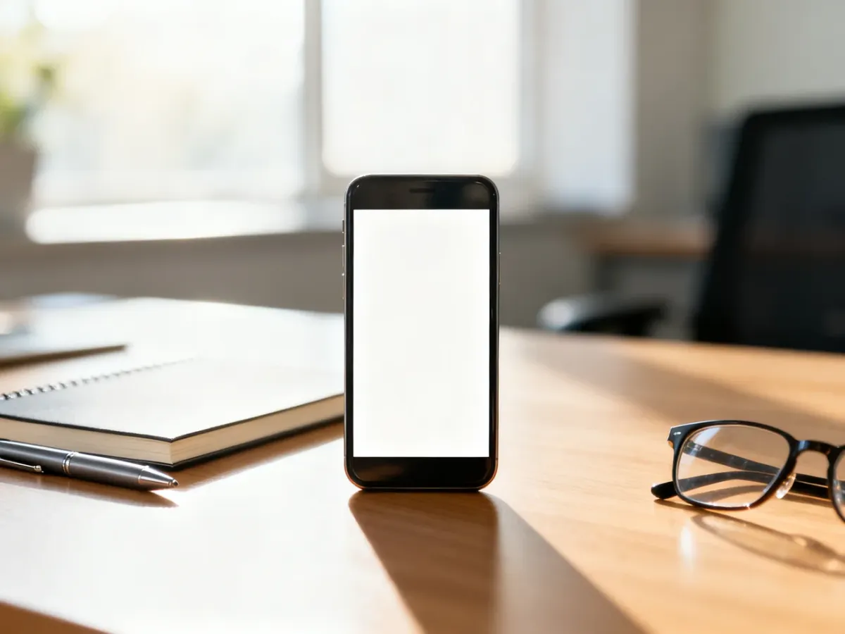 Nowoczesny smartfon na biurku w biurze, symbolizujący korzystanie z telefonu służbowego w miejscu pracy.