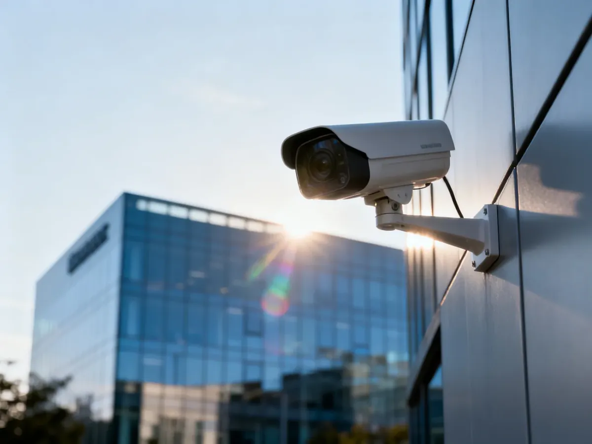 Nowoczesna kamera monitoringu zamontowana na szklanej elewacji biurowca, symbolizująca zaawansowane bezpieczeństwo firmy.