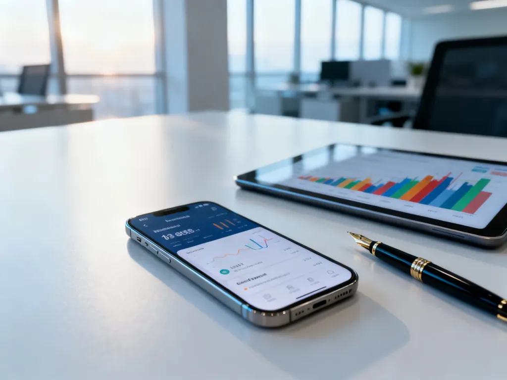 Nowoczesne biurko z tabletem i smartfonem prezentującymi dane finansowe oraz narzędzia do zarządzania firmą.