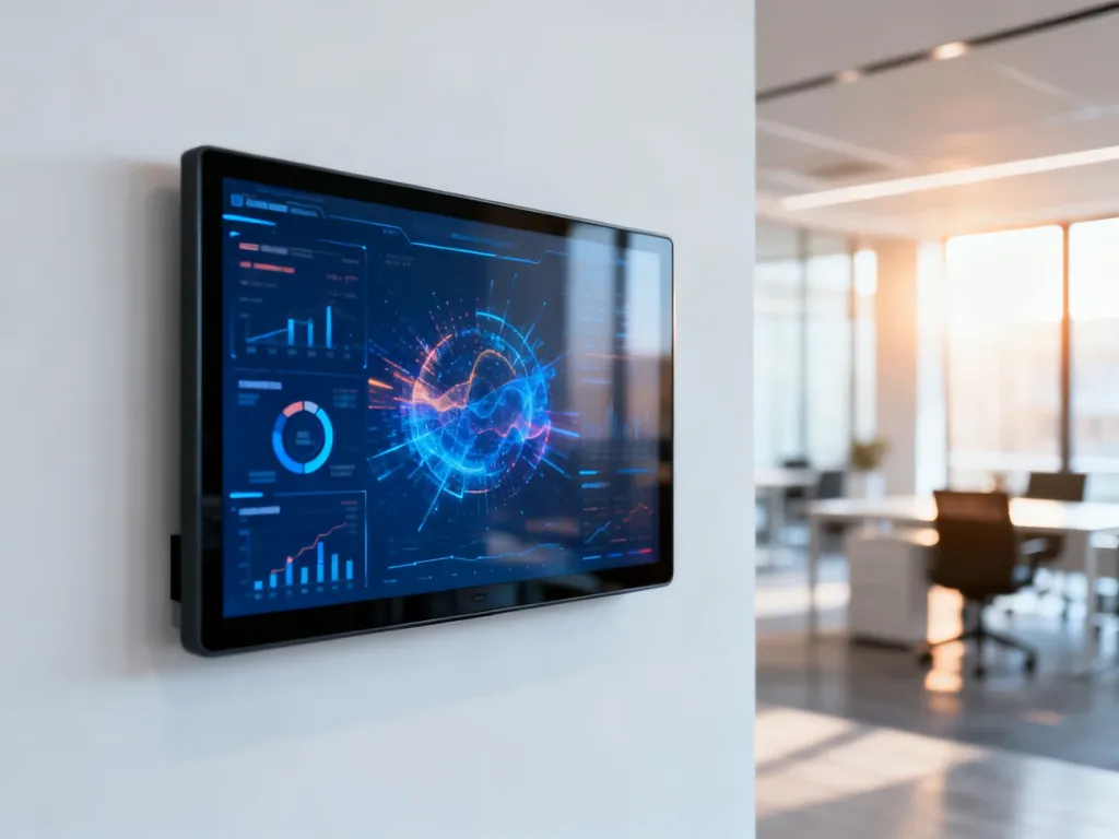 Nowoczesny ekran digital signage z wizualizacją danych na ścianie w biurze typu open space.