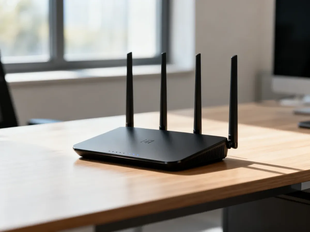 Nowoczesny router bezprzewodowy klasy premium na biurku w jasnym domowym biurze, zapewniający stabilne połączenie.