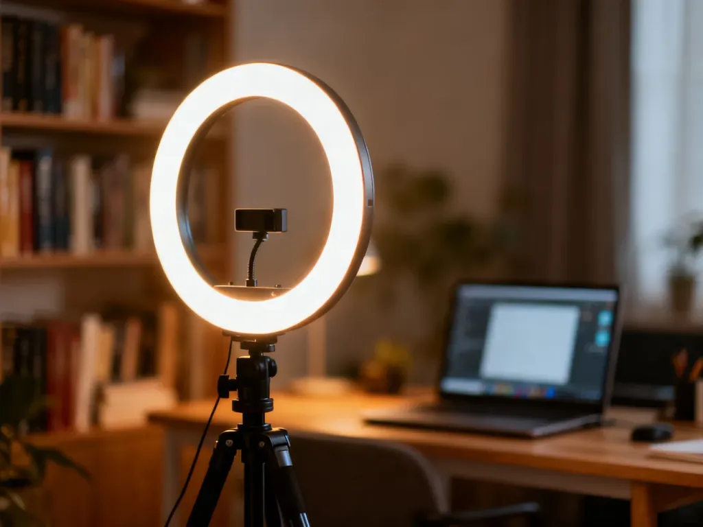 Profesjonalna lampa pierścieniowa LED na statywie, zapewniająca miękkie oświetlenie w domowym biurze podczas wideokonferencji.